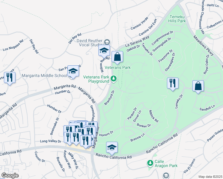 map of restaurants, bars, coffee shops, grocery stores, and more near 30930 Branford Drive in Temecula