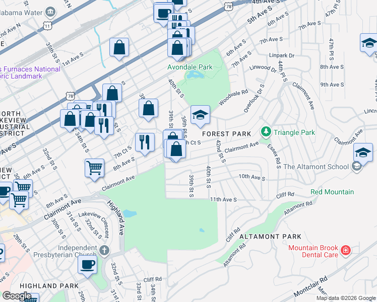 map of restaurants, bars, coffee shops, grocery stores, and more near 3987 8th Court South in Birmingham