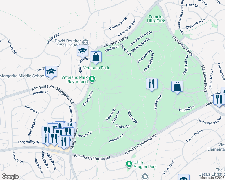 map of restaurants, bars, coffee shops, grocery stores, and more near 31130 South General Kearny Road in Temecula