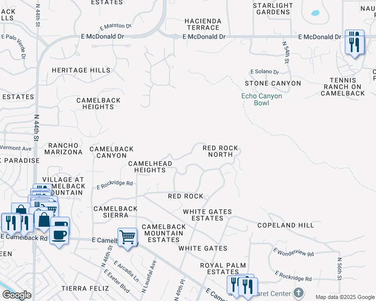 map of restaurants, bars, coffee shops, grocery stores, and more near 4926 East Red Rock Drive in Phoenix