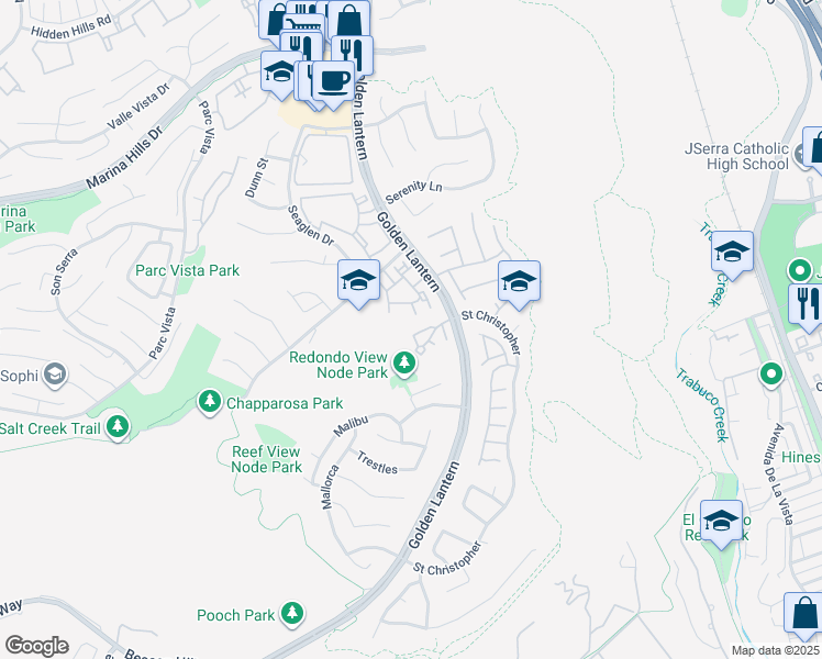 map of restaurants, bars, coffee shops, grocery stores, and more near 5 Silver Glade Drive in Laguna Niguel