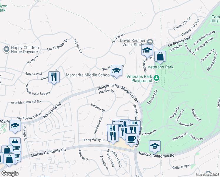 map of restaurants, bars, coffee shops, grocery stores, and more near 41910 Humber Drive in Temecula
