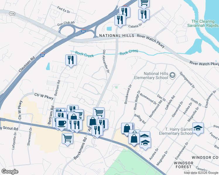 map of restaurants, bars, coffee shops, grocery stores, and more near 1040 Alexander Drive in Augusta