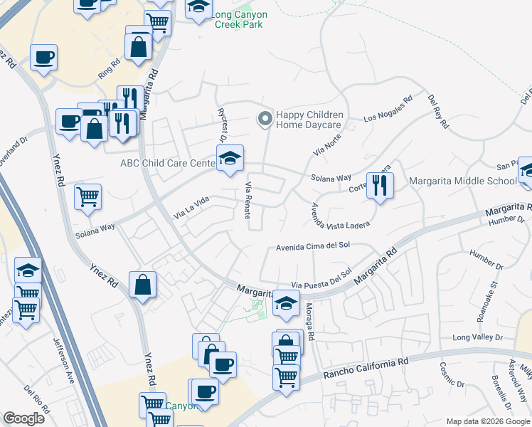 map of restaurants, bars, coffee shops, grocery stores, and more near 29753 Calle Palmas in Temecula