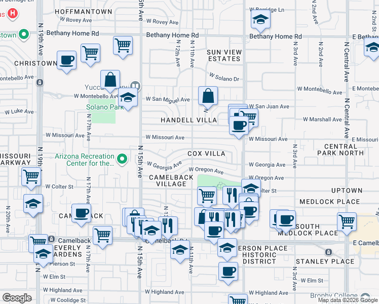 map of restaurants, bars, coffee shops, grocery stores, and more near 1114 West Vermont Avenue in Phoenix