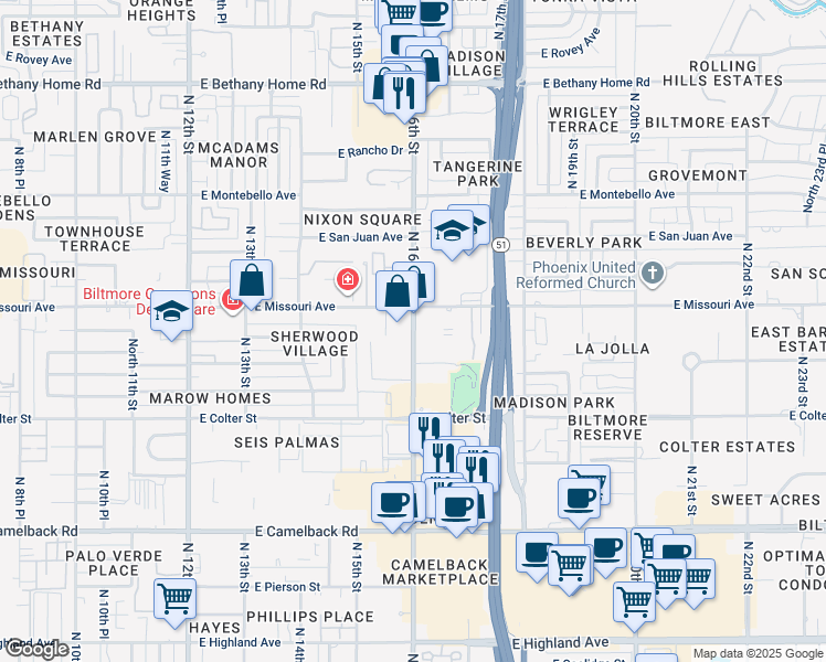 map of restaurants, bars, coffee shops, grocery stores, and more near 5353 North 16th Street in Phoenix