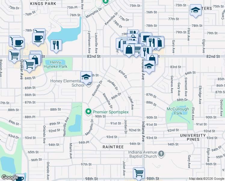map of restaurants, bars, coffee shops, grocery stores, and more near 8516 Jordan Drive in Lubbock