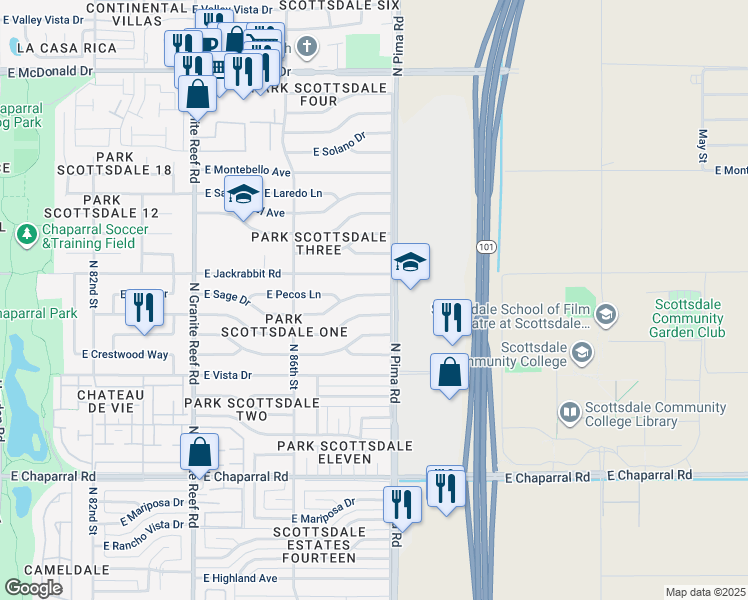 map of restaurants, bars, coffee shops, grocery stores, and more near 8738 East Sage Drive in Scottsdale