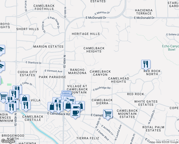 map of restaurants, bars, coffee shops, grocery stores, and more near 5431 North 46th Place in Phoenix