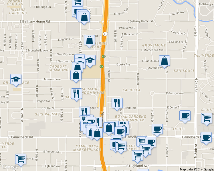 map of restaurants, bars, coffee shops, grocery stores, and more near 5336 North 18th Street in Phoenix