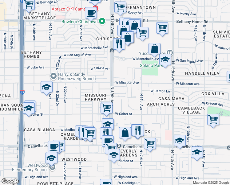 map of restaurants, bars, coffee shops, grocery stores, and more near 5323 North 19th Avenue in Phoenix