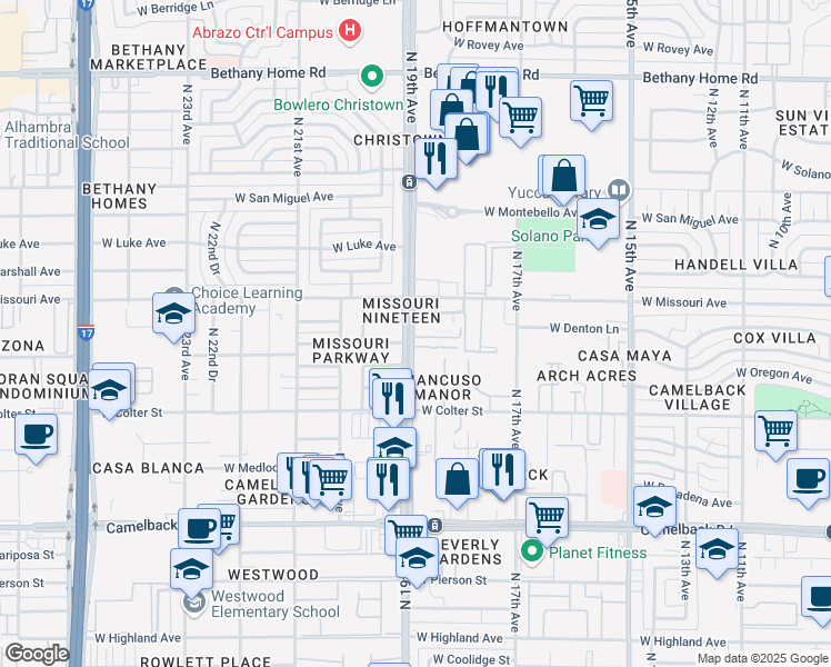 map of restaurants, bars, coffee shops, grocery stores, and more near 5323 North 19th Avenue in Phoenix