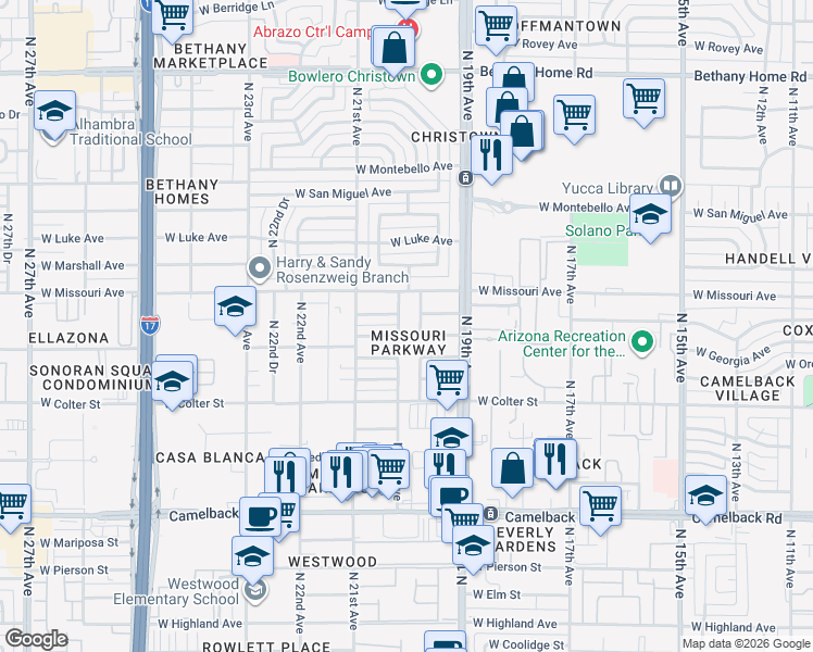 map of restaurants, bars, coffee shops, grocery stores, and more near 2015 West Denton Lane in Phoenix