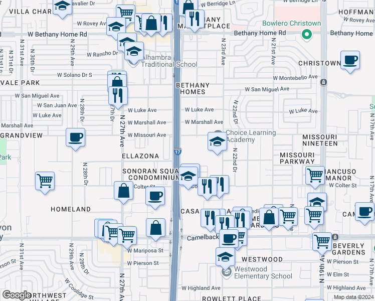 map of restaurants, bars, coffee shops, grocery stores, and more near 5431 North Black Canyon Highway in Phoenix