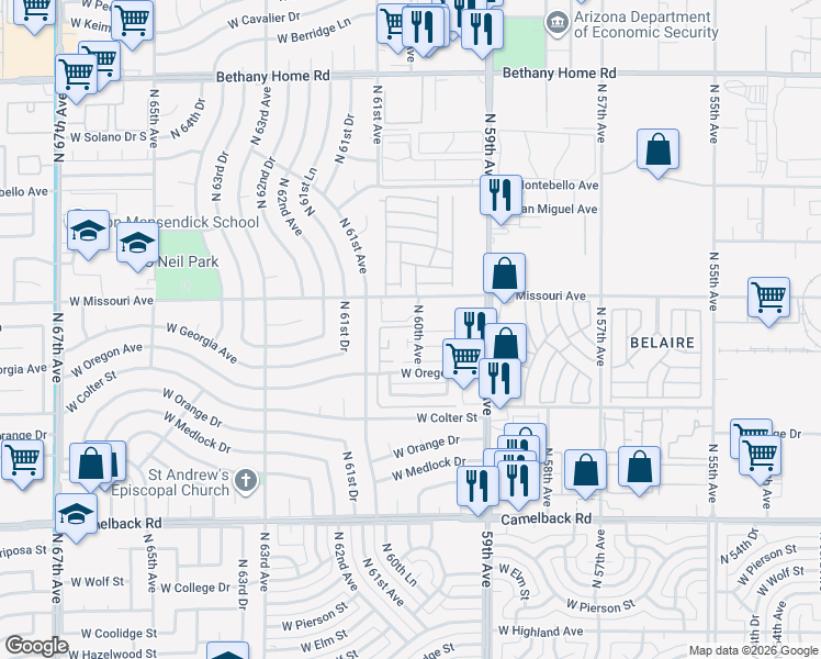map of restaurants, bars, coffee shops, grocery stores, and more near 6001 West Missouri Avenue in Glendale