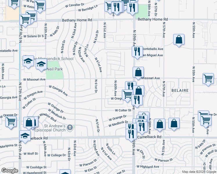 map of restaurants, bars, coffee shops, grocery stores, and more near 6001 West Missouri Avenue in Glendale