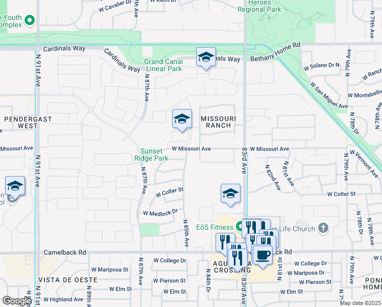 map of restaurants, bars, coffee shops, grocery stores, and more near 5484 North 84th Lane in Glendale