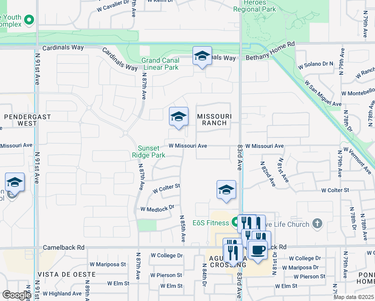 map of restaurants, bars, coffee shops, grocery stores, and more near 5484 North 84th Lane in Glendale