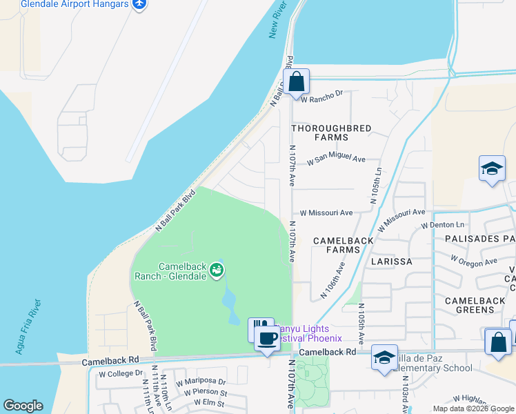 map of restaurants, bars, coffee shops, grocery stores, and more near 5525 North 108th Avenue in Phoenix