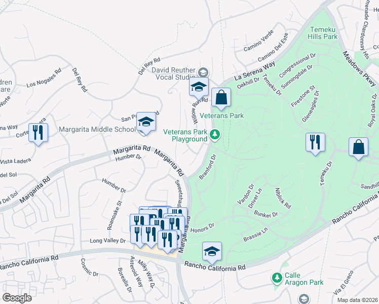 map of restaurants, bars, coffee shops, grocery stores, and more near 41606 Yankee Run Court in Temecula
