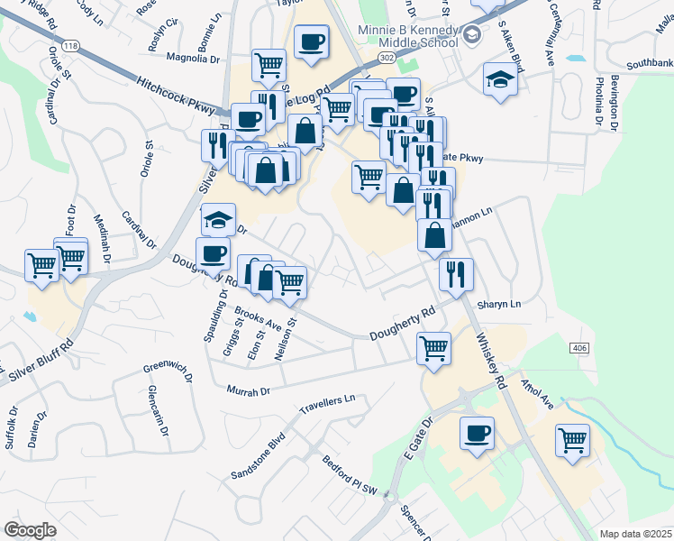 map of restaurants, bars, coffee shops, grocery stores, and more near 819 Neilson Street in Aiken