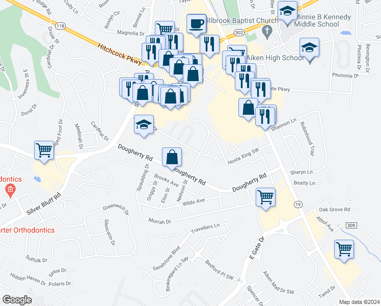 map of restaurants, bars, coffee shops, grocery stores, and more near 100 Kelly Drive in Aiken