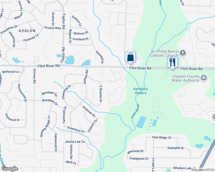 map of restaurants, bars, coffee shops, grocery stores, and more near 240 Flint River Road in Jonesboro