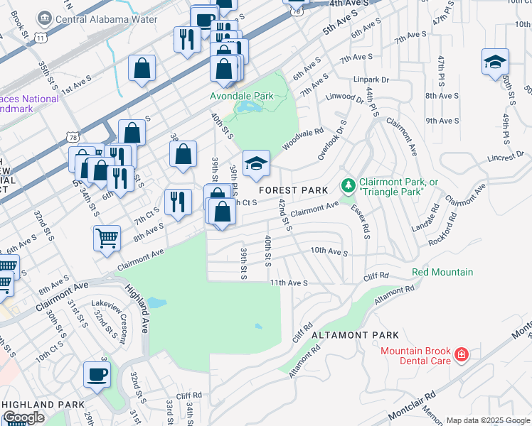 map of restaurants, bars, coffee shops, grocery stores, and more near 4011 8th Court South in Birmingham