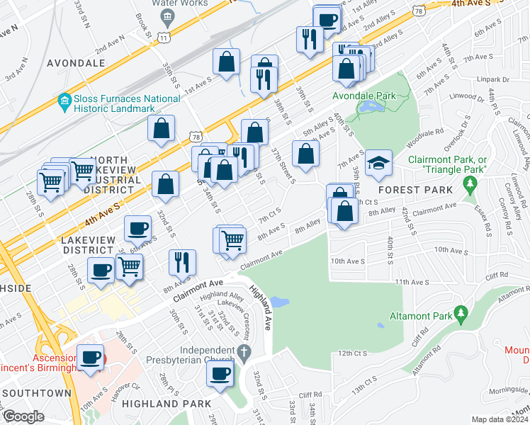 map of restaurants, bars, coffee shops, grocery stores, and more near 3526 7th Court South in Birmingham