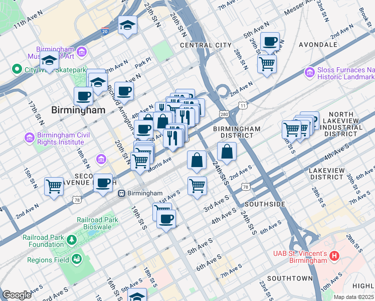 map of restaurants, bars, coffee shops, grocery stores, and more near 2311 Morris Avenue in Birmingham