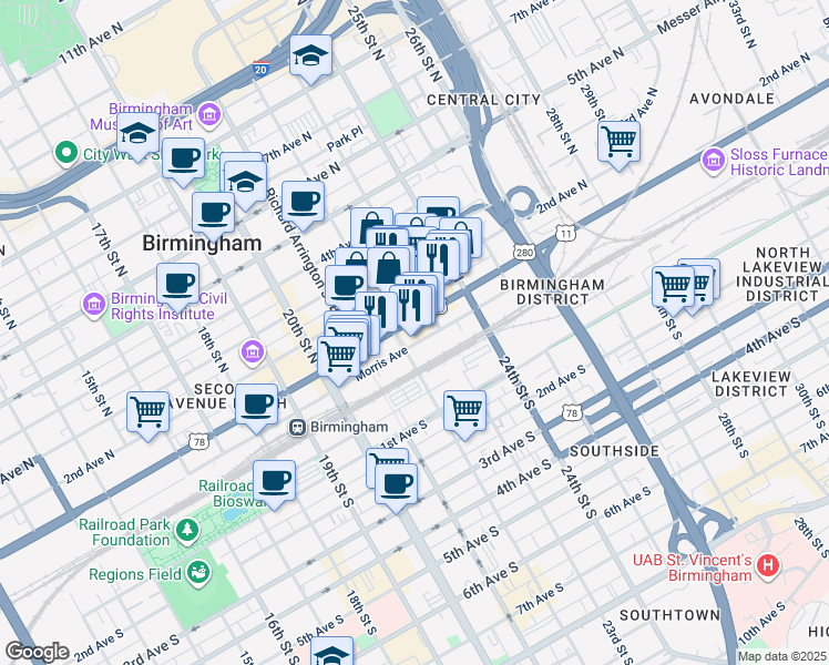 map of restaurants, bars, coffee shops, grocery stores, and more near 2219 1st Avenue North in Birmingham