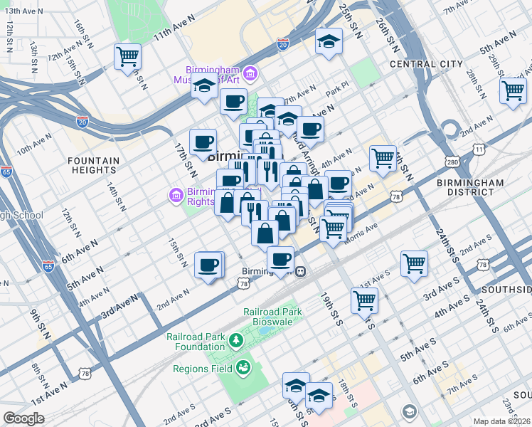 map of restaurants, bars, coffee shops, grocery stores, and more near in Birmingham