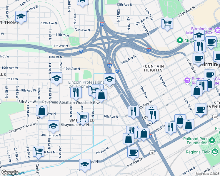 map of restaurants, bars, coffee shops, grocery stores, and more near 901 9th Avenue North in Birmingham