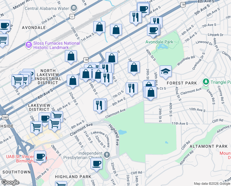 map of restaurants, bars, coffee shops, grocery stores, and more near 3514 7th Court South in Birmingham