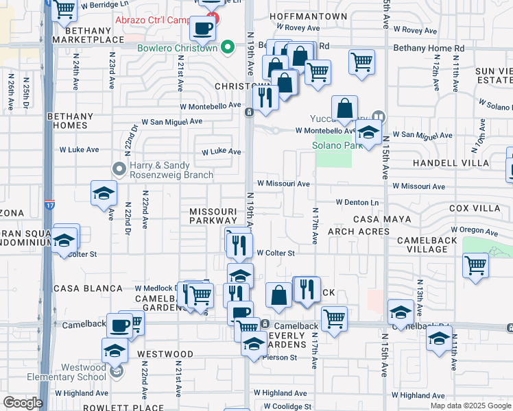 map of restaurants, bars, coffee shops, grocery stores, and more near 5323 North 19th Avenue in Phoenix
