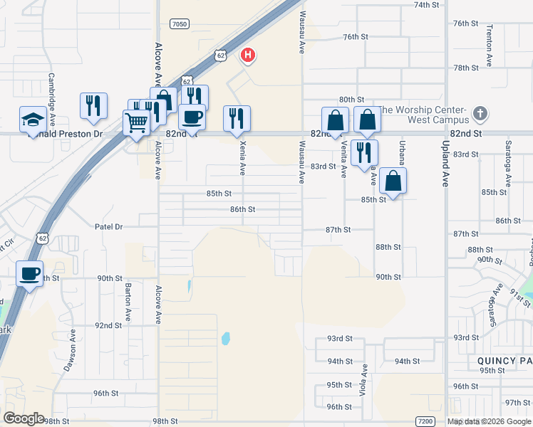 map of restaurants, bars, coffee shops, grocery stores, and more near 7519 86th Street in Lubbock