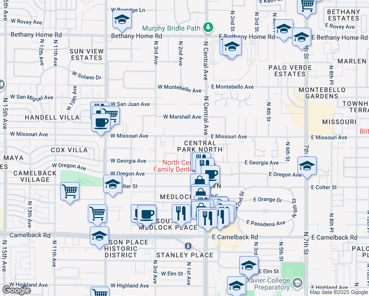 map of restaurants, bars, coffee shops, grocery stores, and more near 33 West Missouri Avenue in Phoenix