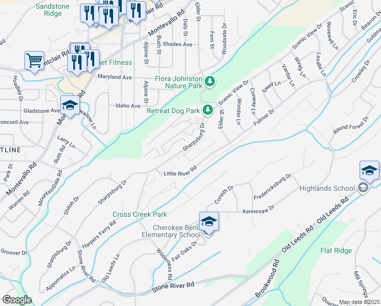 map of restaurants, bars, coffee shops, grocery stores, and more near 1719 Winnsboro Road in Birmingham