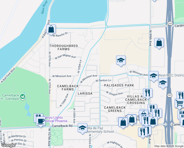 map of restaurants, bars, coffee shops, grocery stores, and more near 10321 West Luke Avenue in Glendale