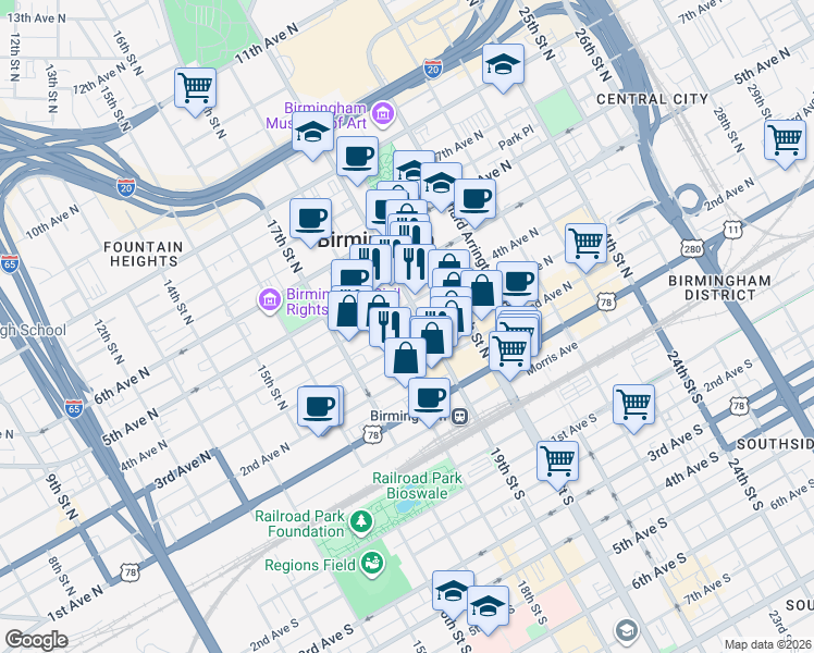 map of restaurants, bars, coffee shops, grocery stores, and more near in Birmingham