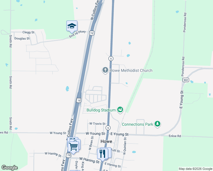 map of restaurants, bars, coffee shops, grocery stores, and more near 720 North Denny Street in Howe