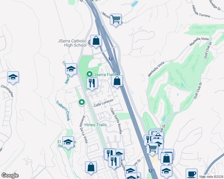 map of restaurants, bars, coffee shops, grocery stores, and more near 26652 Paseo Rosarito in San Juan Capistrano