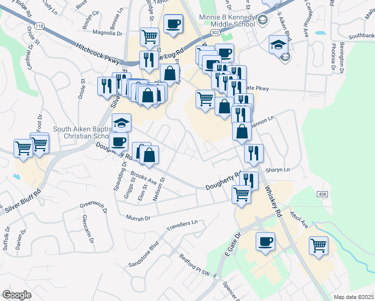 map of restaurants, bars, coffee shops, grocery stores, and more near 6085 Grain Way Southwest in Aiken