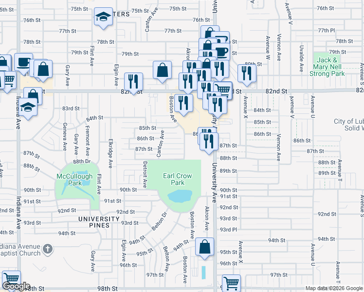 map of restaurants, bars, coffee shops, grocery stores, and more near 2702 87th Street in Lubbock