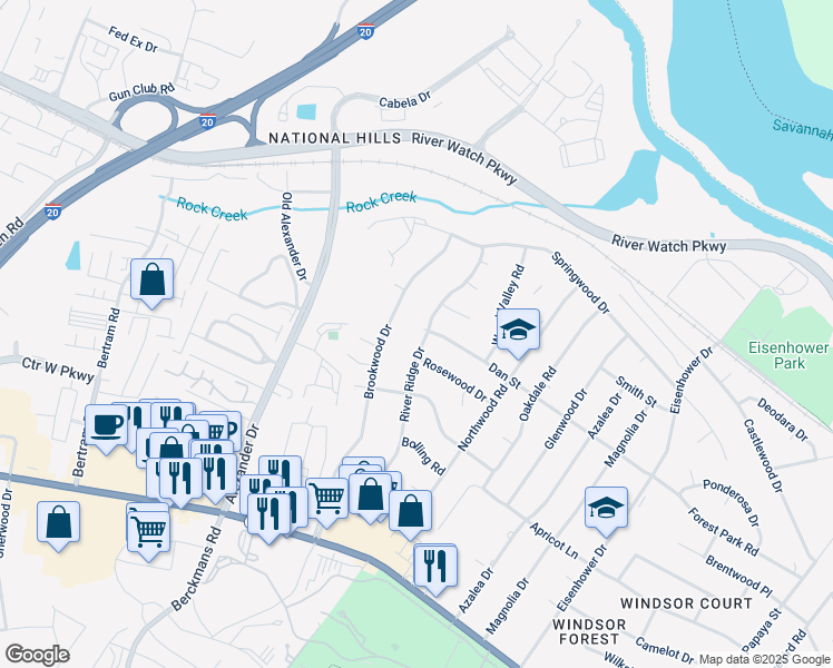 map of restaurants, bars, coffee shops, grocery stores, and more near 1118 Brookwood Drive in Augusta