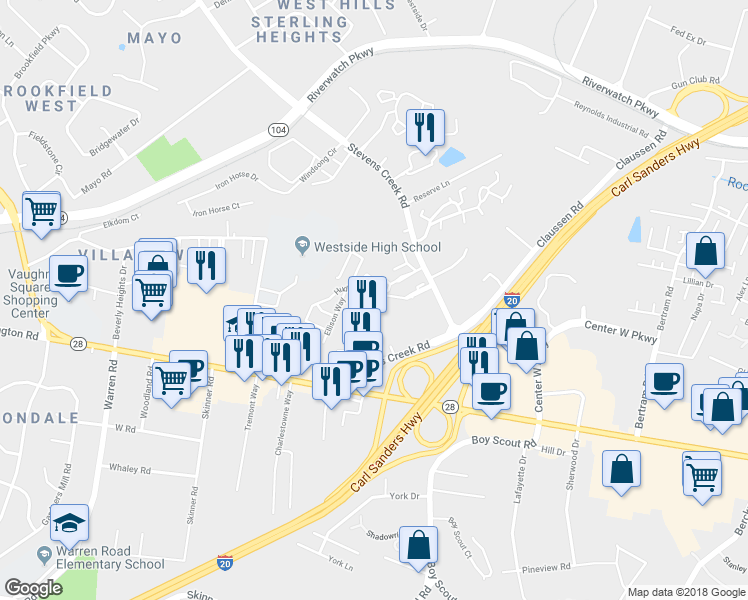 map of restaurants, bars, coffee shops, grocery stores, and more near 3 Zachary Place in Augusta