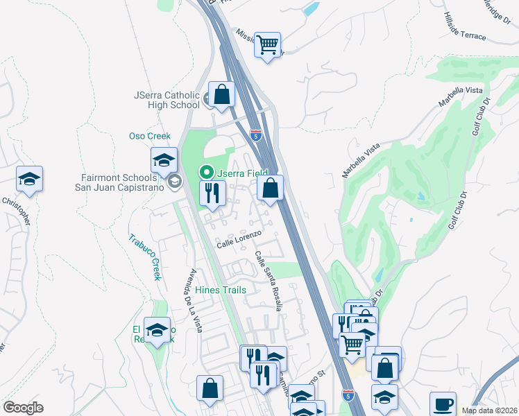 map of restaurants, bars, coffee shops, grocery stores, and more near 26652 Paseo Rosarito in San Juan Capistrano