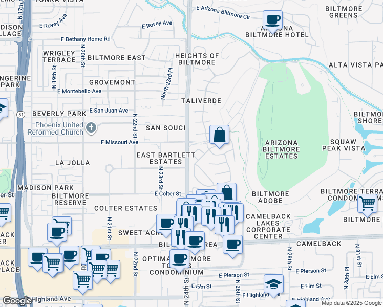 map of restaurants, bars, coffee shops, grocery stores, and more near in Phoenix