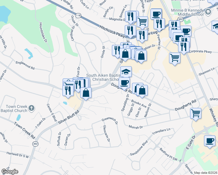 map of restaurants, bars, coffee shops, grocery stores, and more near 601 Silver Bluff Road in Aiken