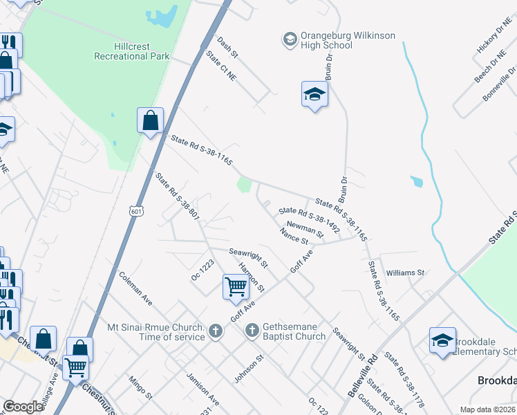 map of restaurants, bars, coffee shops, grocery stores, and more near 960 Nance Street in Orangeburg